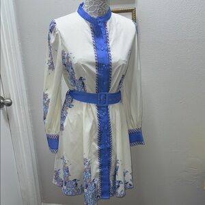 Elegant Long Sleeve Dress with Blue Accents